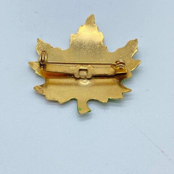 Vintage Gold Tone Fall Enamel Maple Leaf Brooch Pins Set Of 3 Gold Green & Brown - Picture 9 of 10